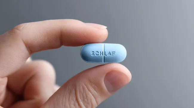 Nahaufnahme einer blauen Schlaftablette zwischen Fingern