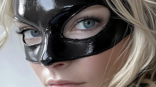 Nahaufnahme einer blonden Frau in schwarzer Maske