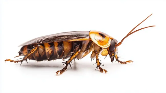 Nahaufnahme einer braunen Schabe auf weißem Hintergrund