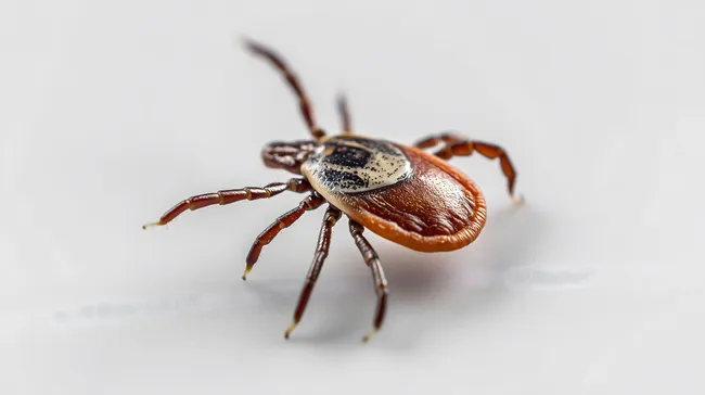 Nahaufnahme einer braunen Zecke auf weißem Hintergrund