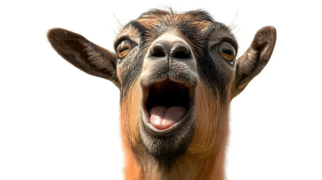 Nahaufnahme einer brüllenden Ziege vor weißem Hintergrund