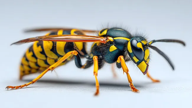 Nahaufnahme einer bunten Wespe auf hellem Hintergrund