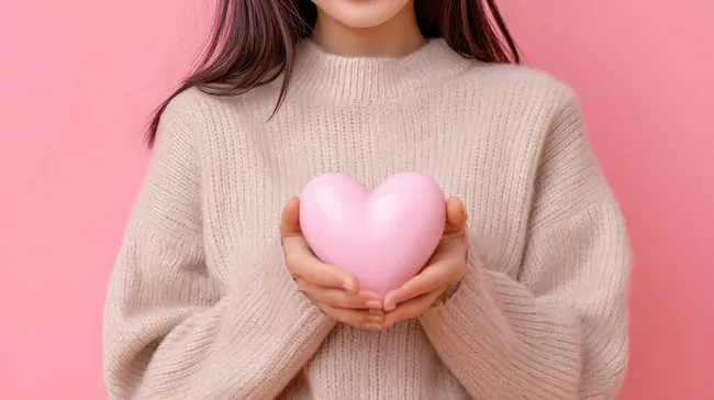 Nahaufnahme einer Frau, die ein rosa Herzförmiges Geschenk hält