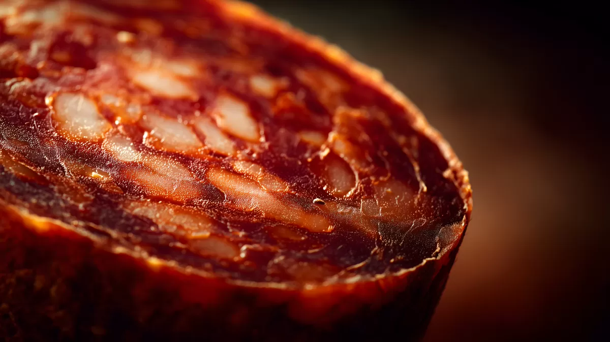 Nahaufnahme einer frischen Chorizo-Wurst mit feiner Marmorierung