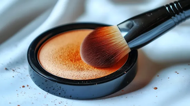 Nahaufnahme einer gepuderten Makeup-Bürste auf hellem Hintergrund