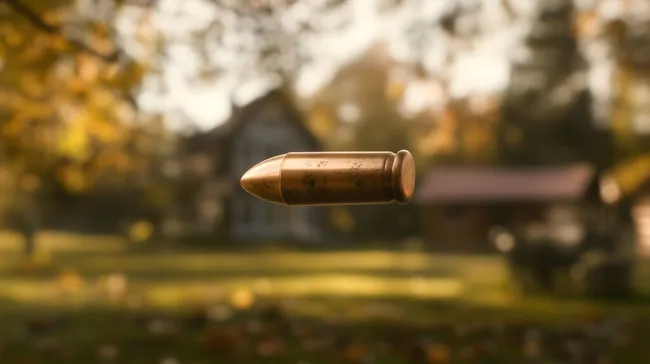 Nahaufnahme einer Gewehrkugel vor Haus im Wald