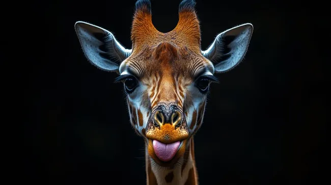 Nahaufnahme einer Giraffe mit herausgestreckter Zunge