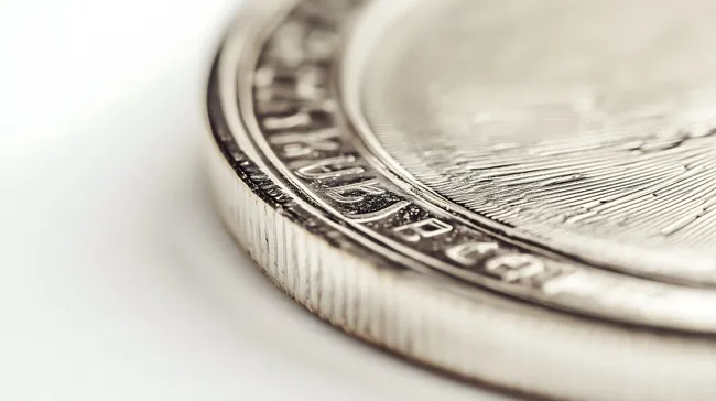 Nahaufnahme einer glänzenden Silbermünze auf weißem Hintergrund