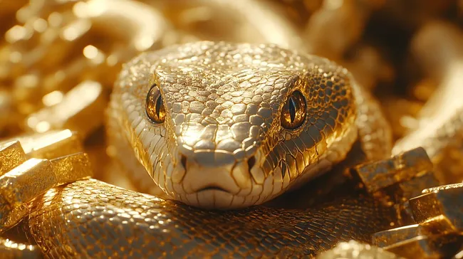 Nahaufnahme einer goldenen Schlange mit Schuppenpanzer