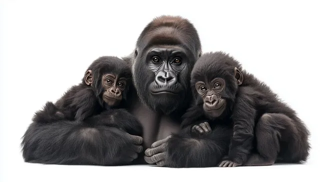 Nahaufnahme einer Gorilla-Familie auf weißem Hintergrund