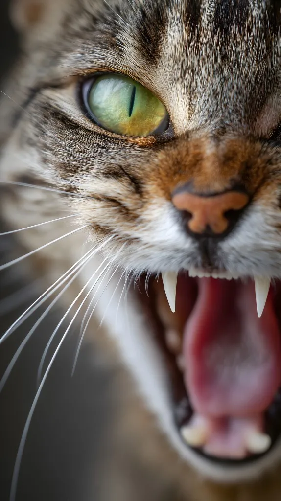 Nahaufnahme einer grollenden Katze mit scharfen Zähnen