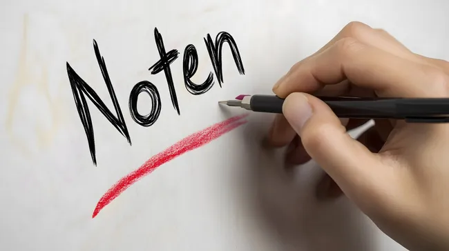 Nahaufnahme einer Hand, die den Wort 'Noten' schreibt