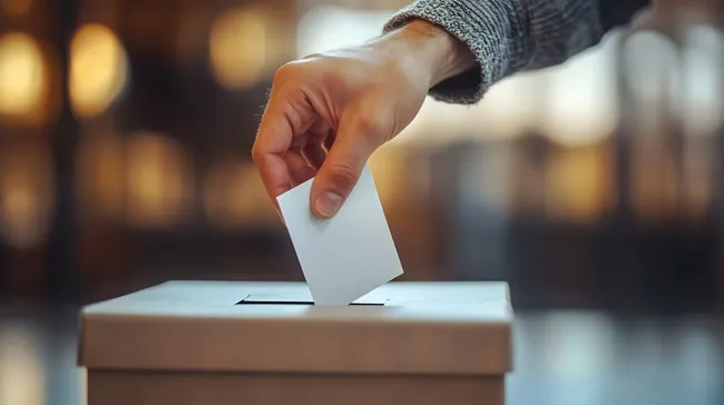 Nahaufnahme einer Hand, die einen Wahlzettel in die Urne einwirft