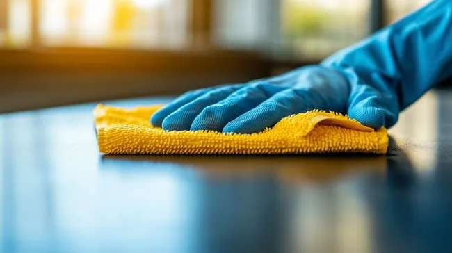 Nahaufnahme einer Hand in Handschuhen mit gelbem Reinigungstuch