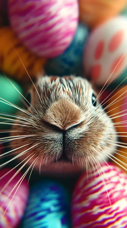 Nahaufnahme einer Hasennase mit bunten Ostern-Motiven