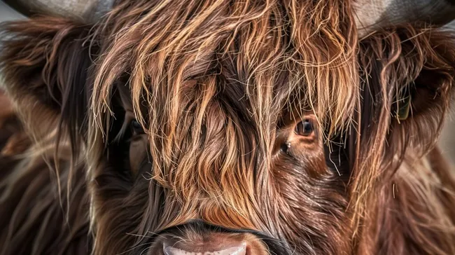 Nahaufnahme einer Highland-Kuh mit struppigem Fell