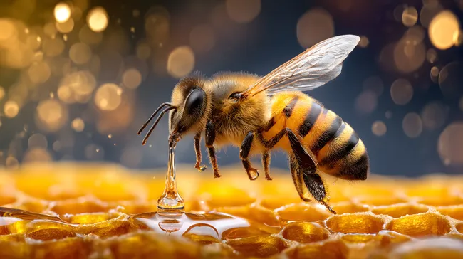 Nahaufnahme einer Honigbiene auf Honigwabe mit Tropfen