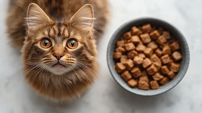 Nahaufnahme einer Katze mit Katzenfutter