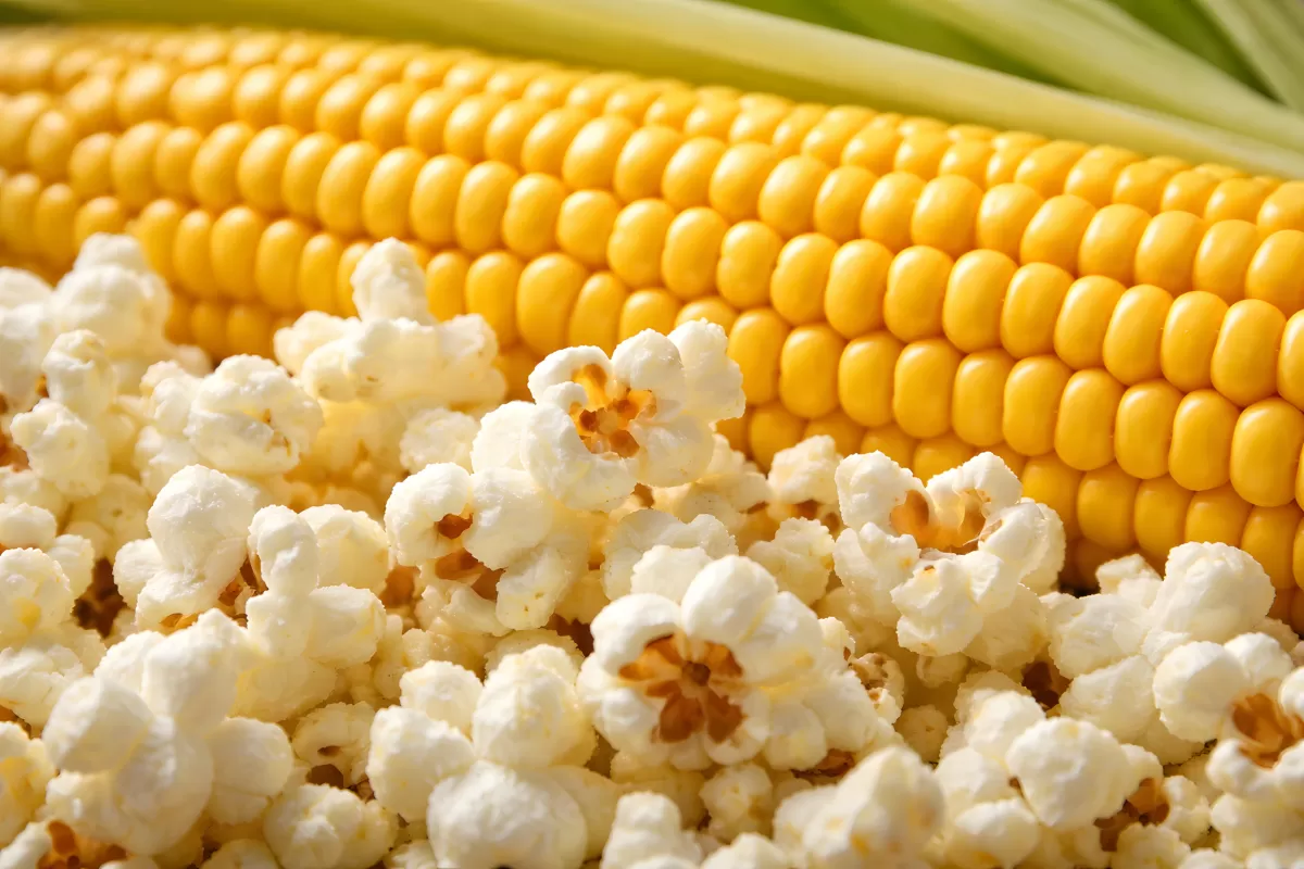 Nahaufnahme einer knackigen Maiskolbe mit knusprigen Popcornblüten