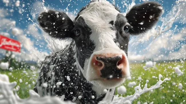 Nahaufnahme einer Kuh mit Milchspritzern auf einer Wiese