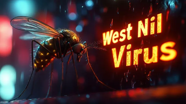 Nahaufnahme einer Mücke vor leuchtendem West-Nil-Virus-Logo