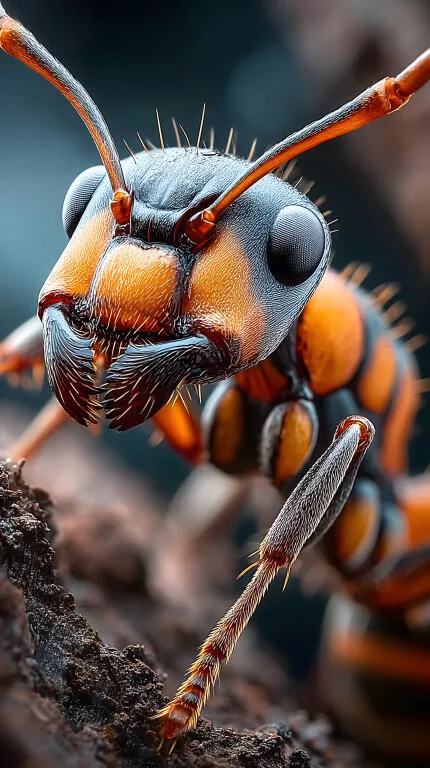 Nahaufnahme einer orangefarbenen und schwarzgemusterten Ameise