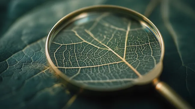 Nahaufnahme einer prächtigen Blattstruktur unter Lupe