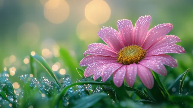 Nahaufnahme einer rosa Margerite mit Morgentau