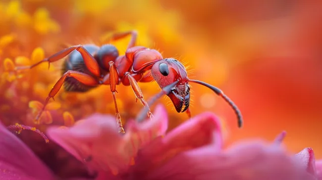 Nahaufnahme einer roten Ameise auf Blume