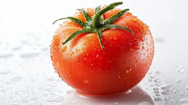 Nahaufnahme einer saftig-reifen Tomate mit Wassertropfen