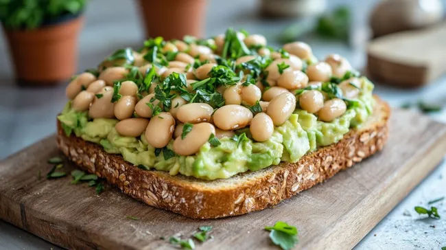 Nahaufnahme einer schmackhaften Brotscheibe mit Bohnen und Avocado