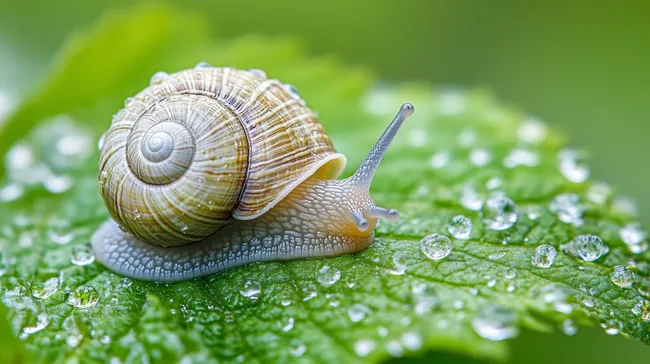 Nahaufnahme einer Schnecke auf feuchtem Blatt