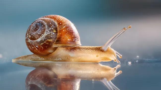 Nahaufnahme einer Schnecke auf spiegelnder Oberfläche