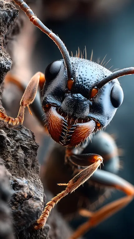 Nahaufnahme einer schwarzen Ameise mit Details