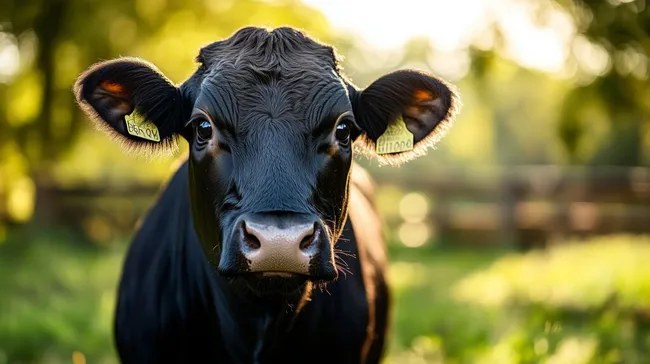Nahaufnahme einer schwarzen Kuh mit auffälligen Augen