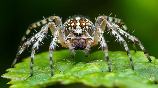 Nahaufnahme einer Springspinne auf grünem Blatt