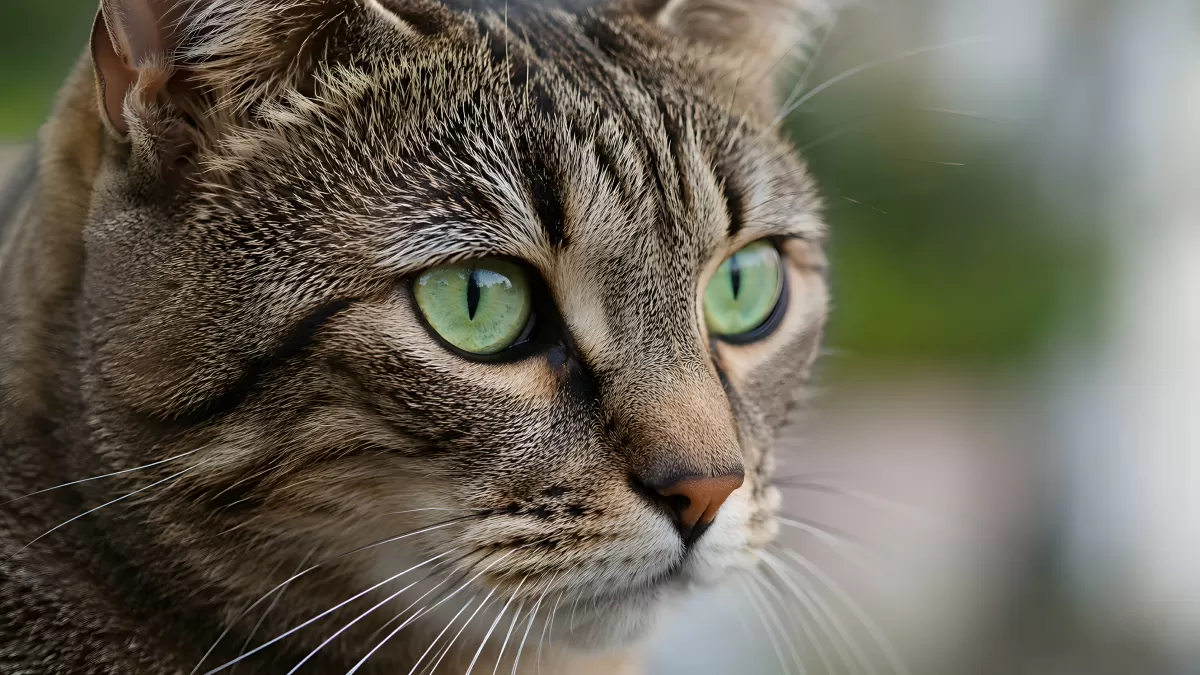 Nahaufnahme einer Tabbykatze mit grünen Augen