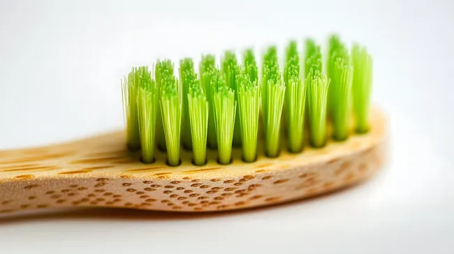 Nahaufnahme einer umweltfreundlichen Holzzahnbürste mit grünen Borsten