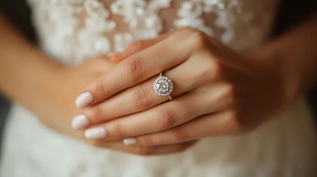 Nahaufnahme einer Verlobungsringhand mit Blumen