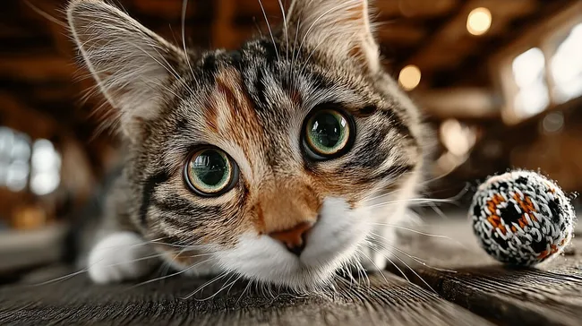 Nahaufnahme einer verspielten Katze mit Wollknäul