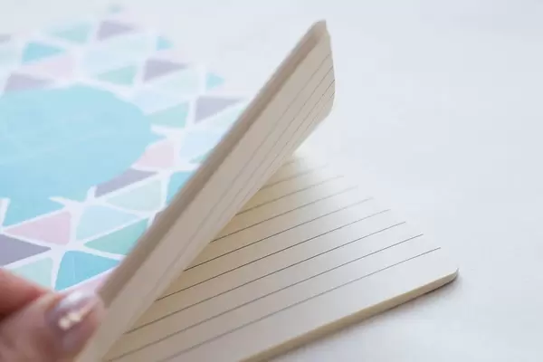 Nahaufnahme einer weiblichen Hand, die durch ein Notizbuch blättert