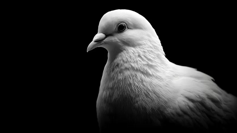 Nahaufnahme einer weißen Friedenstaube auf schwarzem Hintergrund