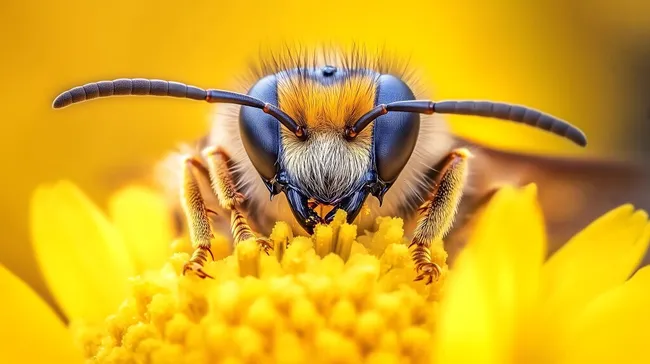 Nahaufnahme einer Wespe auf Blüte in kräftigem Gelb