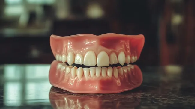 Nahaufnahme einer Zahnprothese auf Marmoroberfläche