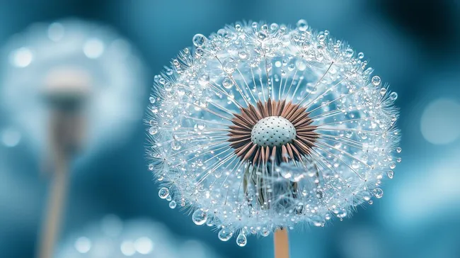 Nahaufnahme einer zarten Pusteblume mit Wassertropfen