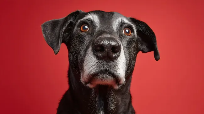 Nahaufnahme eines alten schwarzen Hundes vor rotem Hintergrund