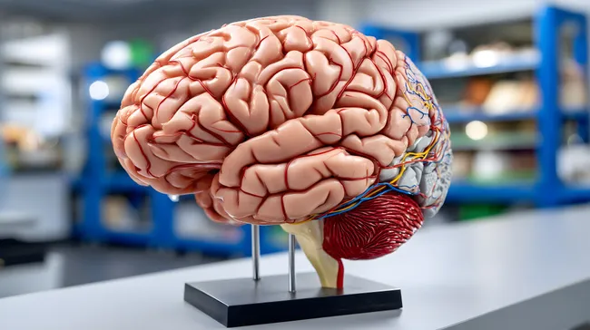 Nahaufnahme eines anatomischen Gehirnmodells auf Labortisch