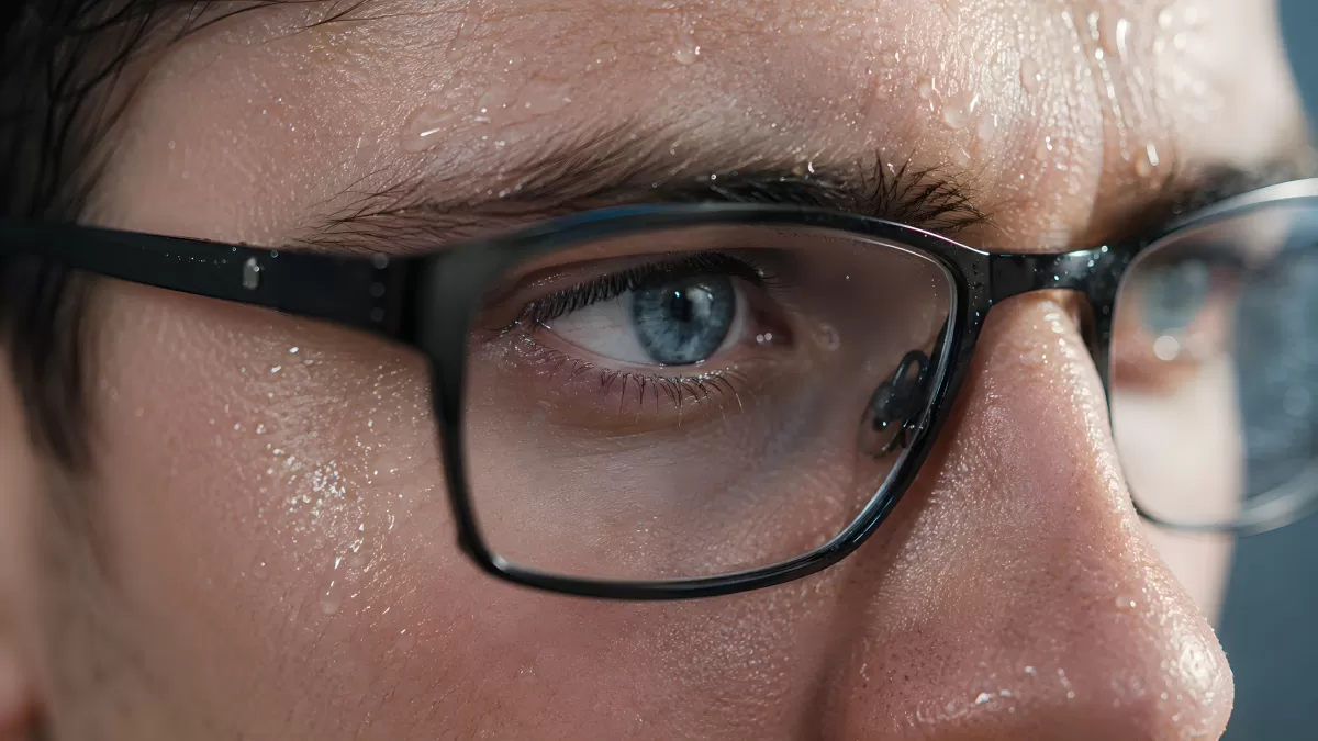 Nahaufnahme eines Auges mit Brille und Schweißtropfen