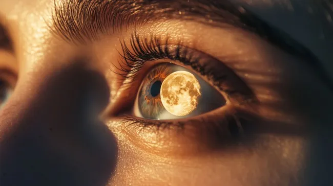 Nahaufnahme eines Auges mit Mondspiegelung