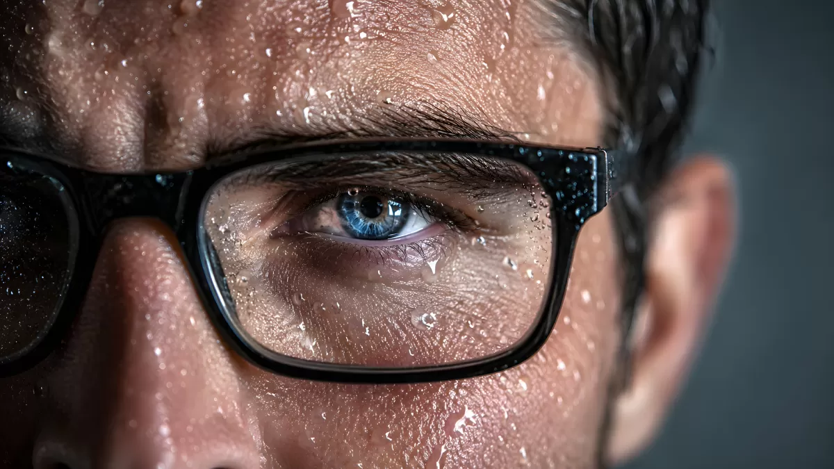 Nahaufnahme eines blauen Auges hinter nasser Brille